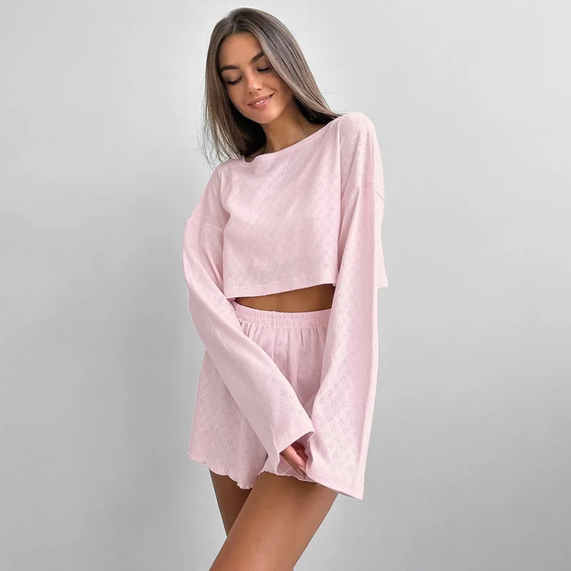 

Soft Skin-Friendly Knitted Two-Piece Set Long Sleeve Shorts Elastic Lady Home Clothes Geometric Pattern T-Shirt Style Sleepwear