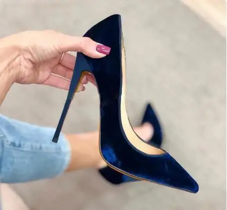 Dark Blue Purple Black Velvet Pointed Toe Shallow Slip On 8 10 12 CM Stiletto High Heel Pumps Women Party Dress Shoes Size 45