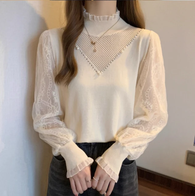 Tamanho grande renda emenda manga longa semi-gola alta camisa de fundo outono inverno nova moda feminina versátil camisola de malha