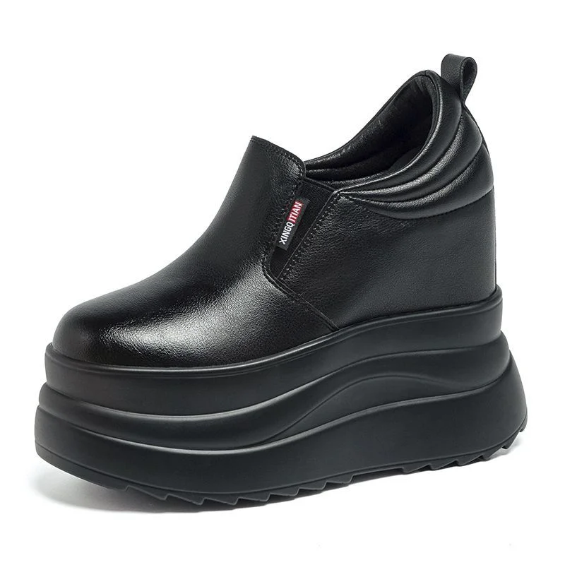 

Кроссовки на танкетке на платформе 13 см 5 дюймов, кожаные туфли на массивном каблуке, удобная повседневная обувь без шнуровки для женщин, офисная прогулка