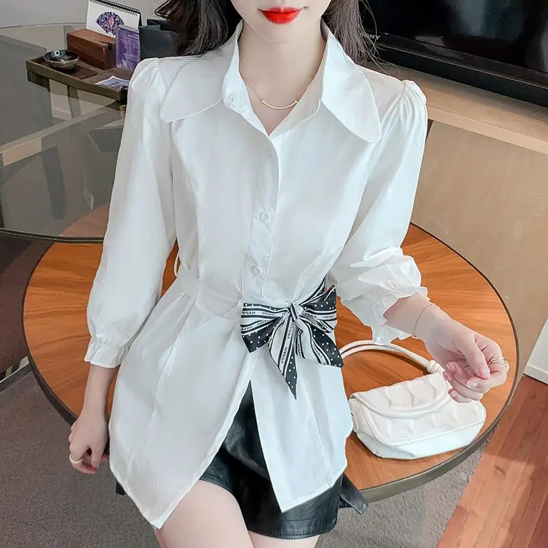 Elegant Lapel Folds Bandage Bow Puff Sleeve Shirts Women\'s Clothing 2024 Spring Summer New Loose Korean Tops Office Lady Blouses