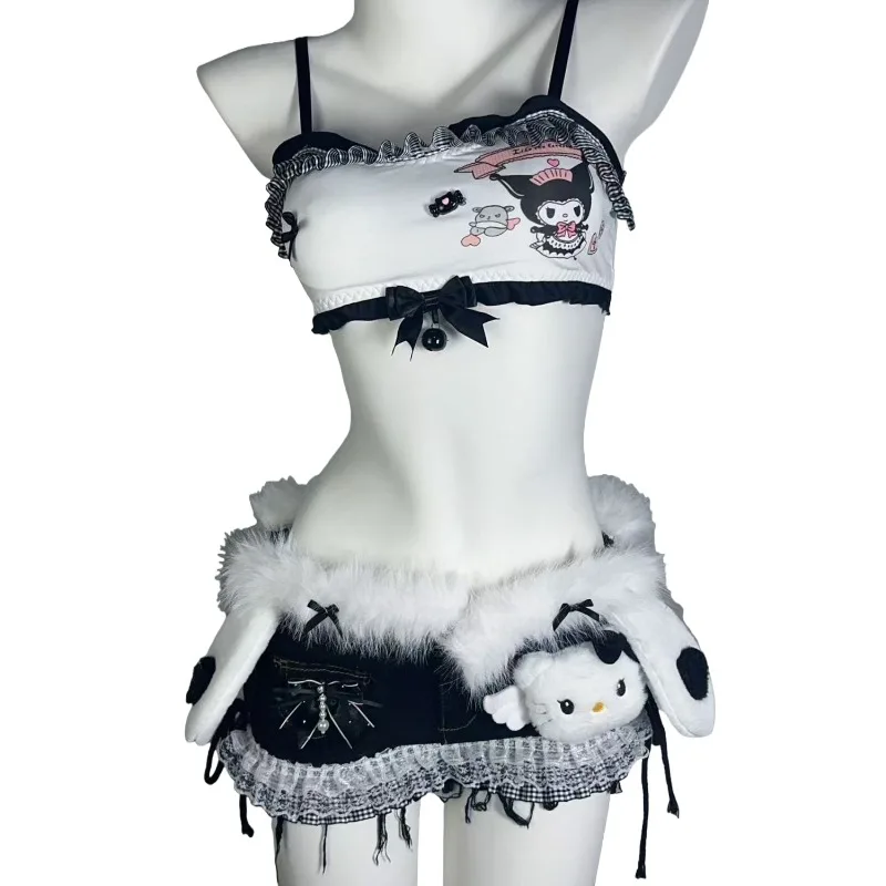 

New Sanrio Hello Kitty Kuromi Cartoon Collocation Sexy Sleeveless Crop Top with Straps Lace Cake Skirt Cute Loli Spicy Girl Suit