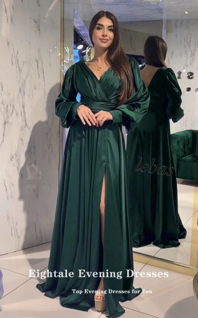 Eightale Dark Green Evening Dresses V-Neck Long Sleeves A-Line Pleats Floor Length Prom Party Gown Wedding Vestidos De Gala