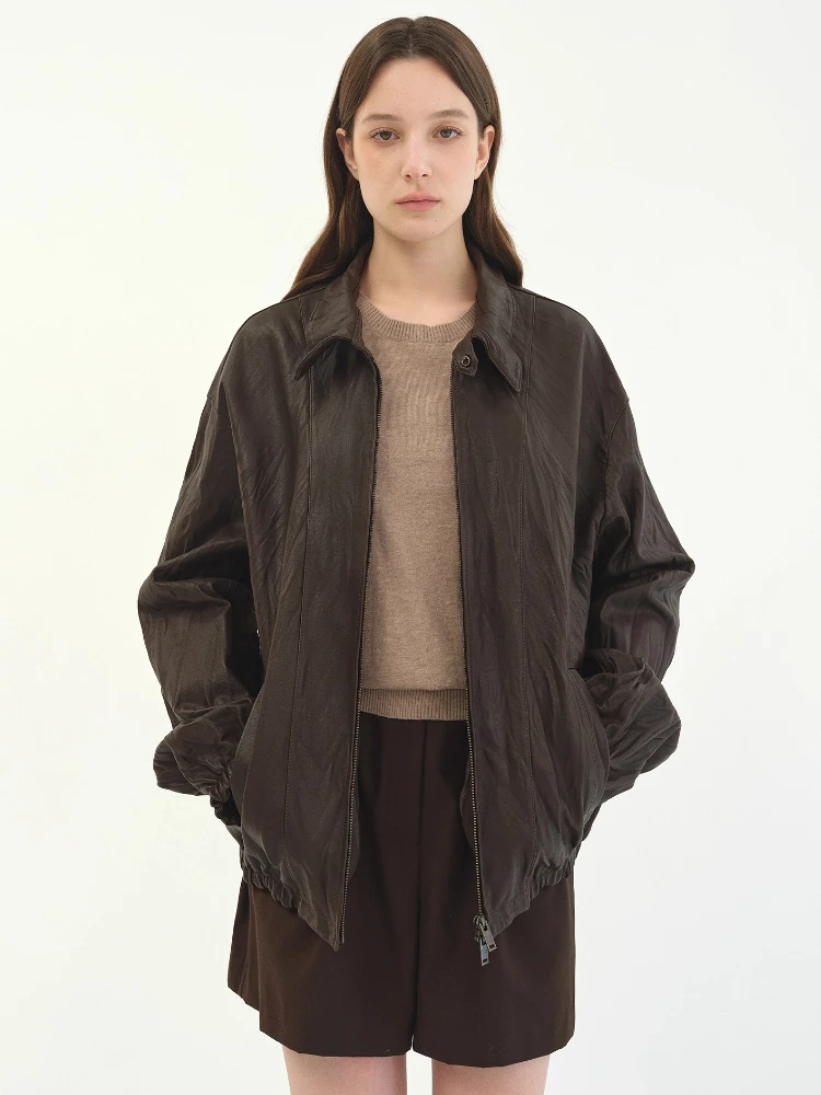 Vintage Echtes Leder Jacken für Frauen Frühling Herbst High-end Einfache Falten Textur Design Lose Beiläufige Echte Schaffell Mantel