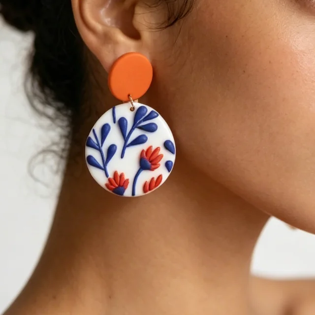 Pendientes de Arcilla Polimérica con Diseño Floral de Arte Popular, Estilo Boho Moderno, con Contraste de Color, Hoja Esculpida en 3D, Joyería Floral Estética y de Moda