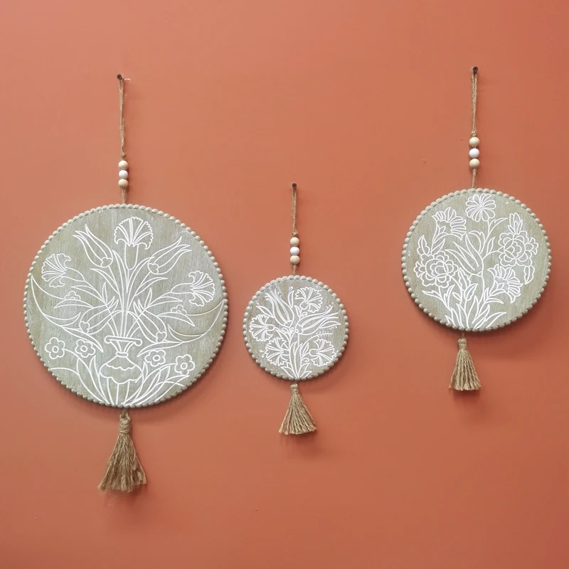 

Set of 3 Farmhouse Rustic Round Wooden Flower Carved Wall Hanging Home Decor
