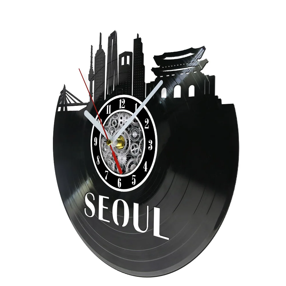 Seoul Cityscape Laser Cut LP Music Album Wall Clock Home Decor Watch South Korea City Skyline Shadow Art Vinyl Record Wall Clock