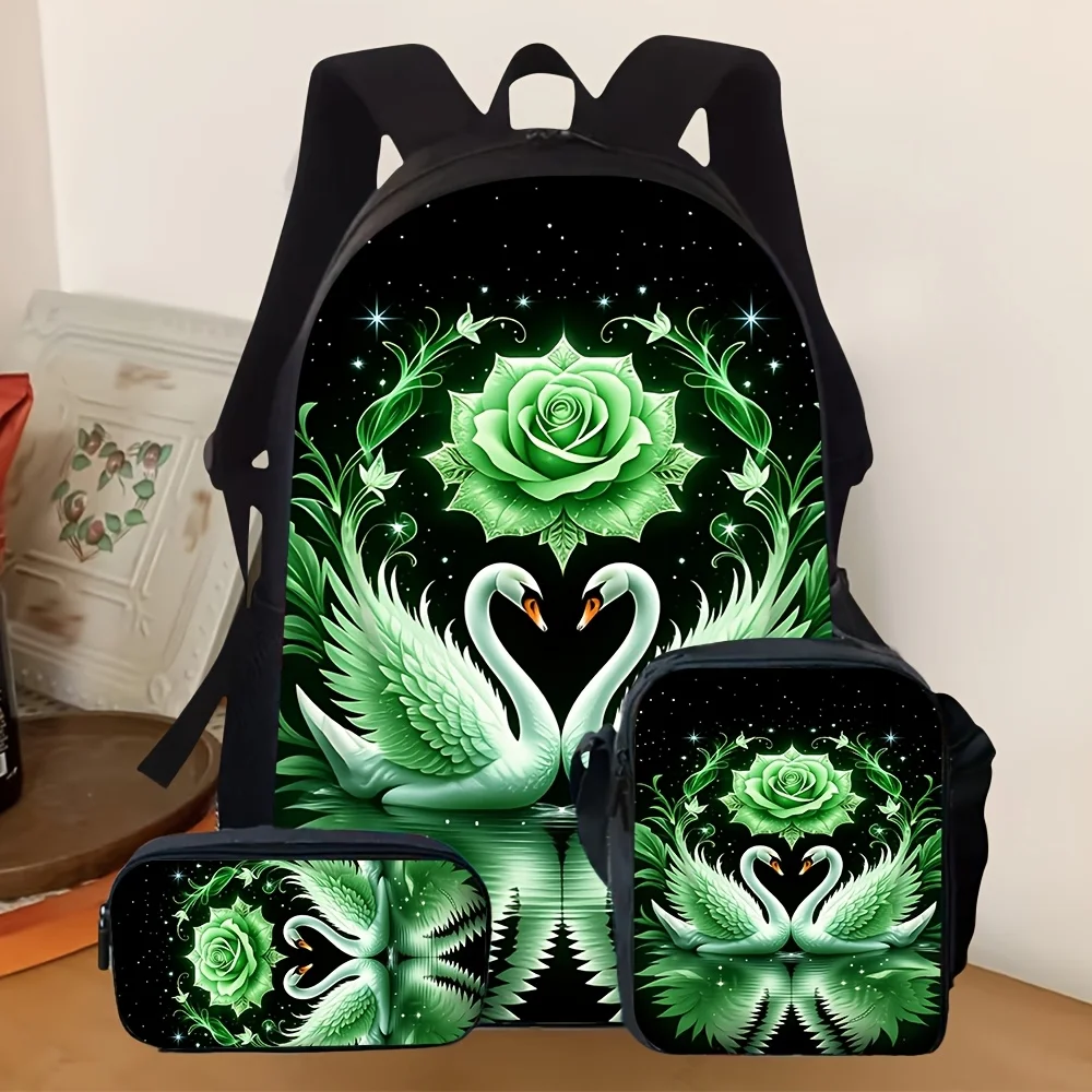 

3pcs [2D Flat] Backpack Collection in Green Rose & Swan Design, Includes School Backpack, Pencil Case, And Small Bag, Trendy Cas