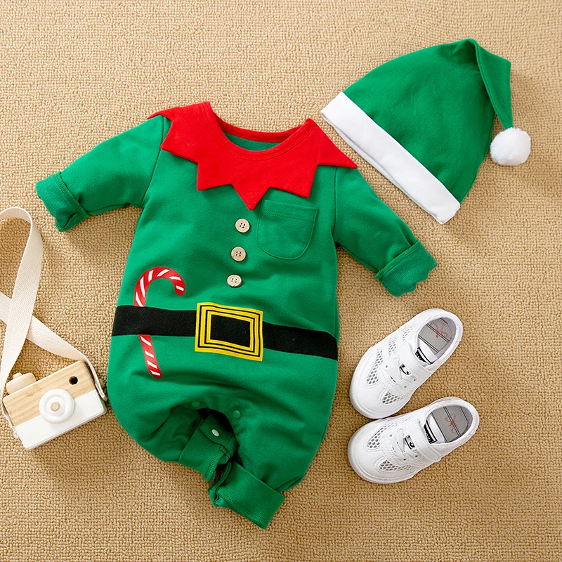 2pcs Newborn Christmas Baby Romper- Green Elf comfort long sleeve Unisex Baby Bodysuits 0-12 months Boy Girl Clothes Festivals