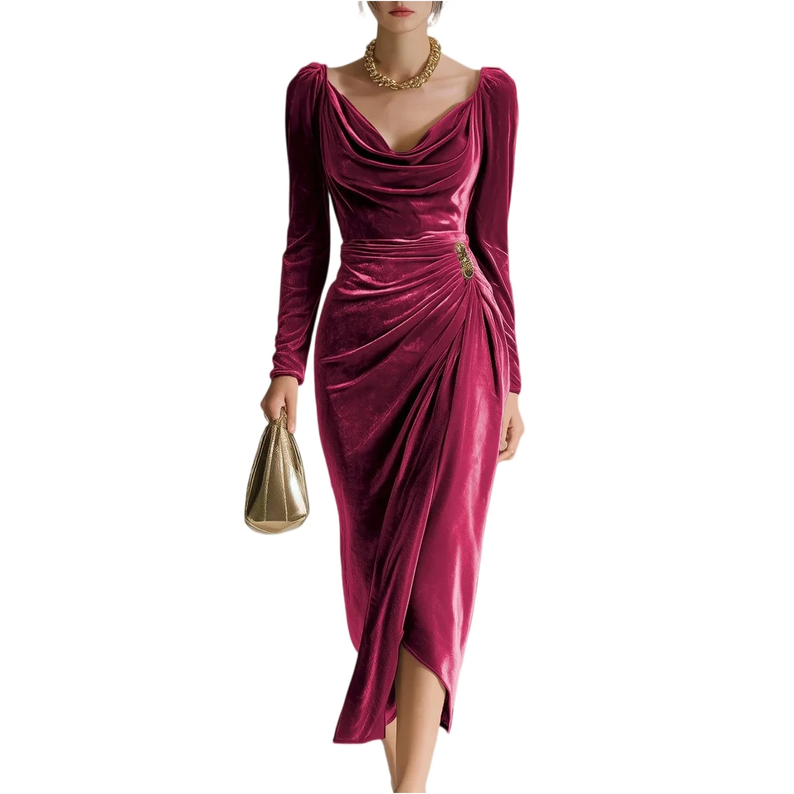 

Fall Elegant Ruched U Neck Velvet Woman Clothing Sexy Solid High Waist Split Party Dresses Winter Long Sleeve Slim Pleated Dress