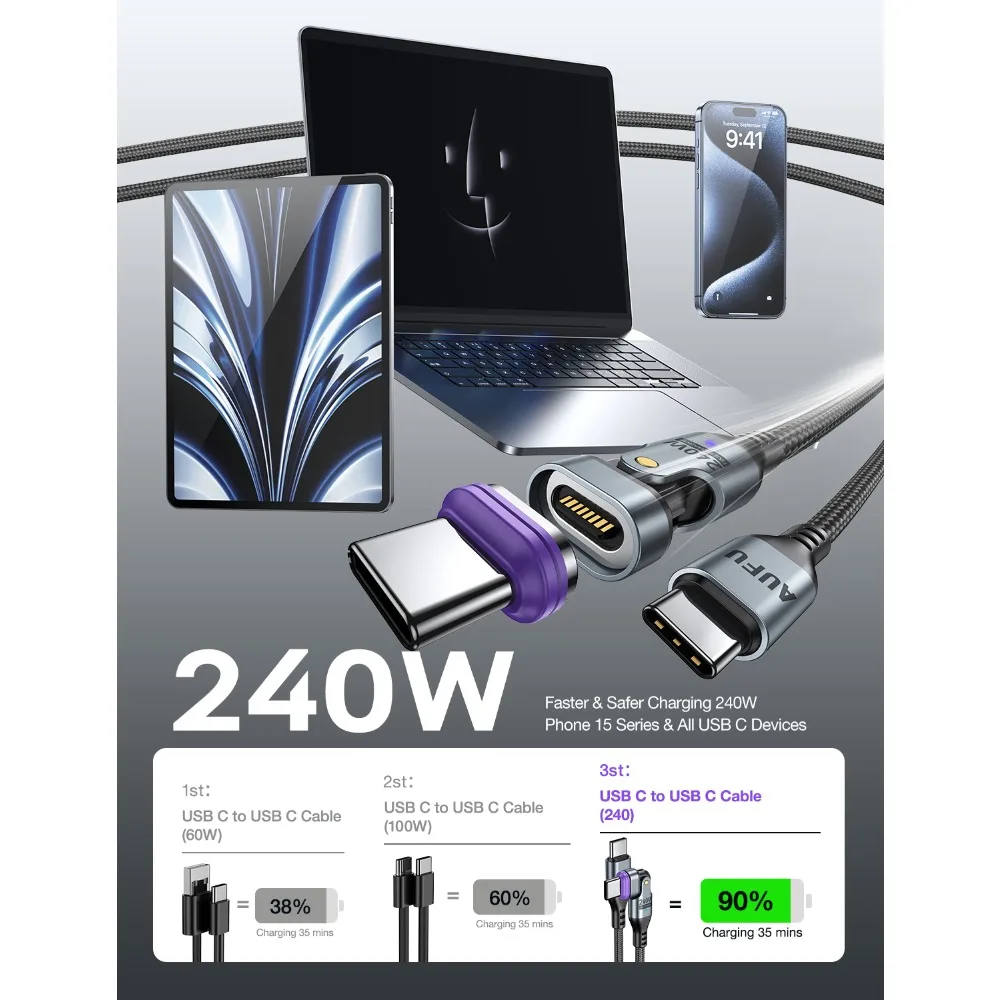 AUFU 16pin 180 Rotate Magnetic Cable 240W Fast Charging Micro USB Type C Cable For iPhone Xiaomi Samsung Magnet USB Phone Cable
