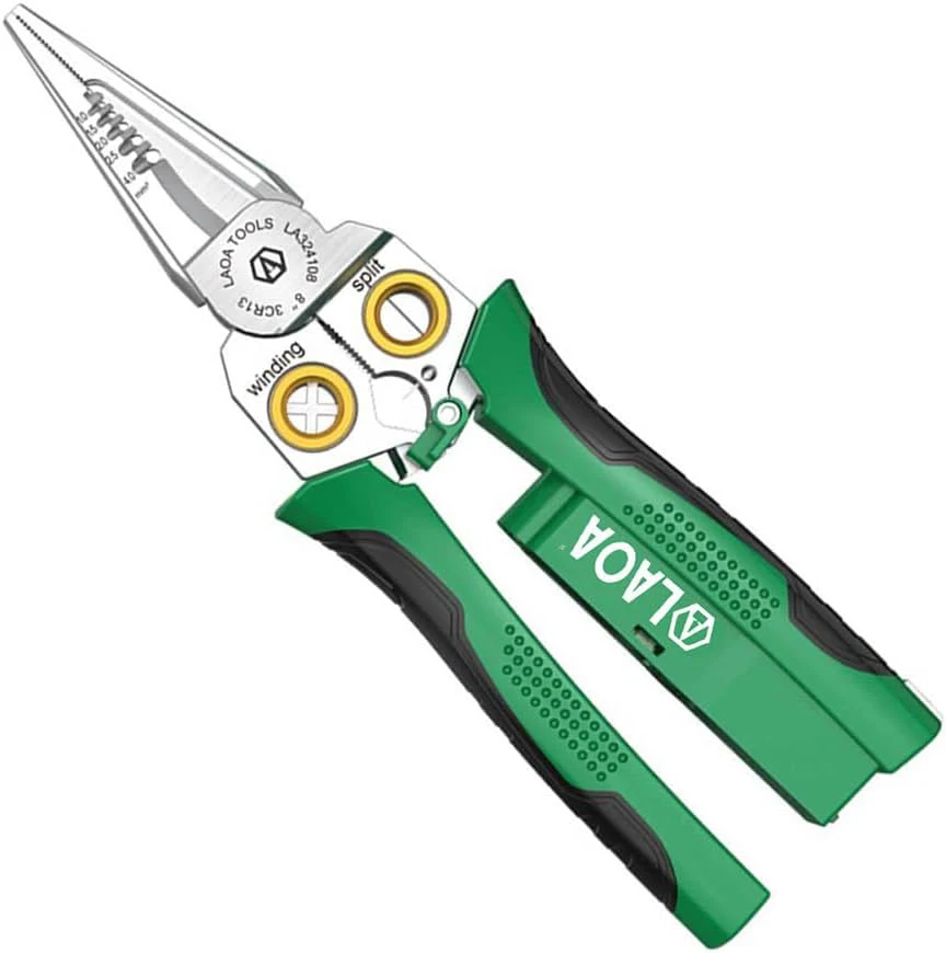 8 in 1 Stainless Steel Wire Stripping Needle Nose Pliers Non-slip Multi-function Wire Stripper with Electricity Tester Function