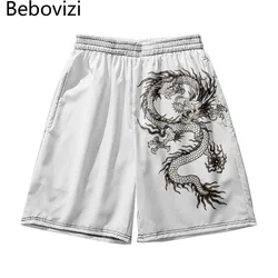 Summer Dragon Print White Sweatshorts 2022 Casual Bermudas Men Boardshorts Homme Clothing Fashion Beach Shorts Plus Size