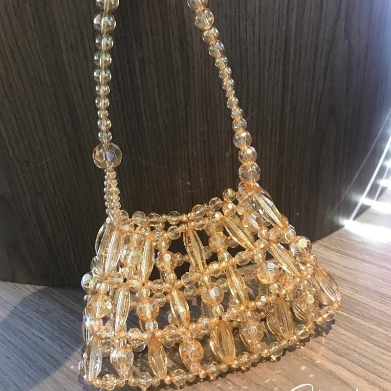 

Fashion High Quality Celebrity Dinner Mini Handbag New Champagne Acrylic Beaded Handwoven Women's Bags Customized Crystal Bag