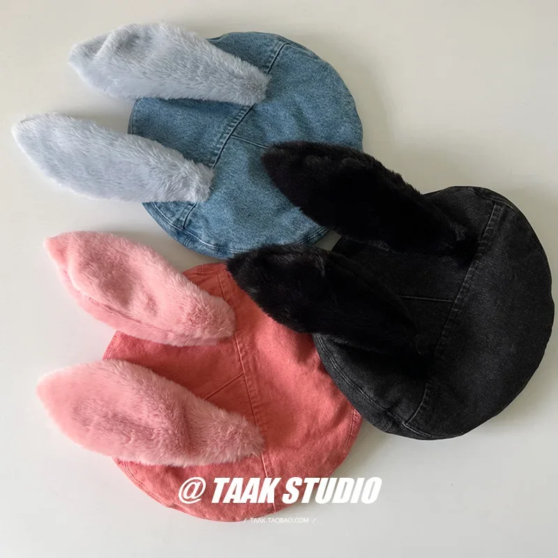 2023 Cute bunny ear berets for women denim painter hat women\'s autumn winter ins student cartoon newsboy hat new style