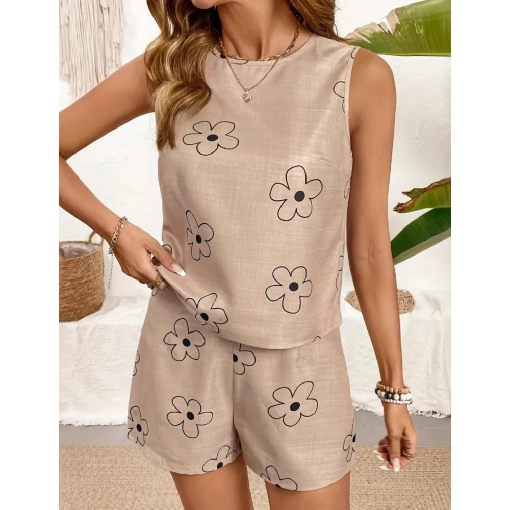 

Модный простой женский жилет без рукавов с принтом, шорты из двух предметов, весна-лето, новый комплект с эластичной талией, женская повседневная домашняя одежда, шорты