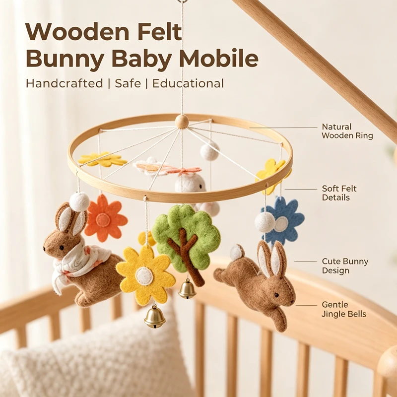 Wooden Rabbit Wind Chime Bed Bell Soothing Hanging Bell Decoration Sensory Crib Toy Birthday Holiday Gift