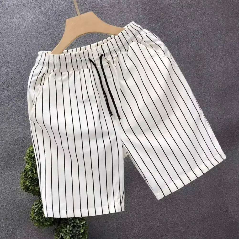 Men Outerwear Casual Pants Casual Shorts with Elastic Waist Men's Striped Print Elastic Waistband Casual Shorts with for Street