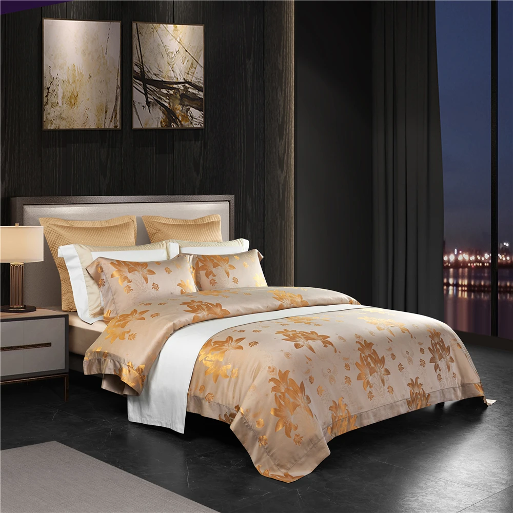 Champs-Elysées Inspiration Mulberry Silk 4Pieces Bedding Set Yarn-Dyed Jacquard Duvet Cover Sheets Pillowcase Amaryllis Flowers