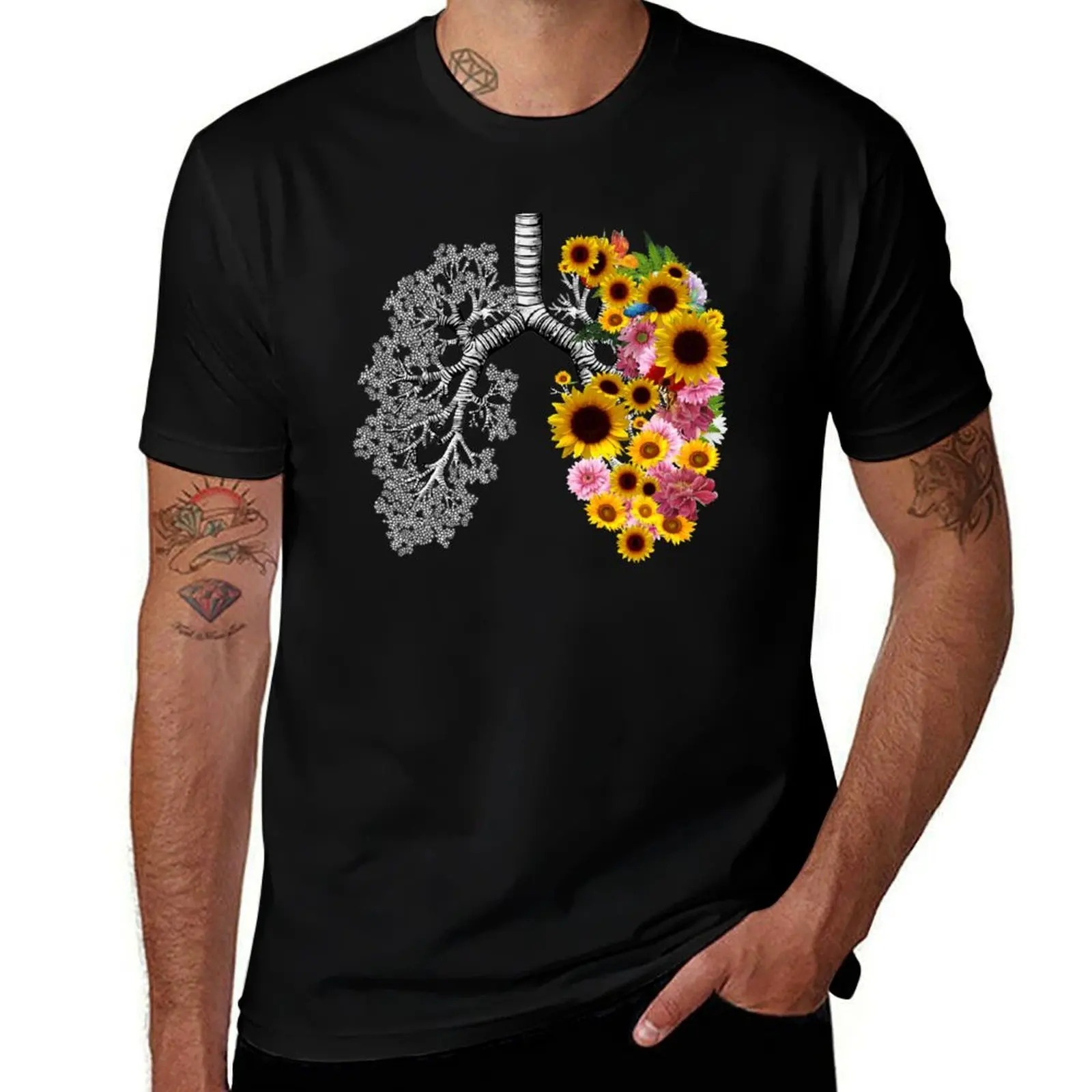 

lungs cancer awareness, sunflowers and daisy floral, anatomy, watercolor T-Shirt graphic tee shirt mens fashion