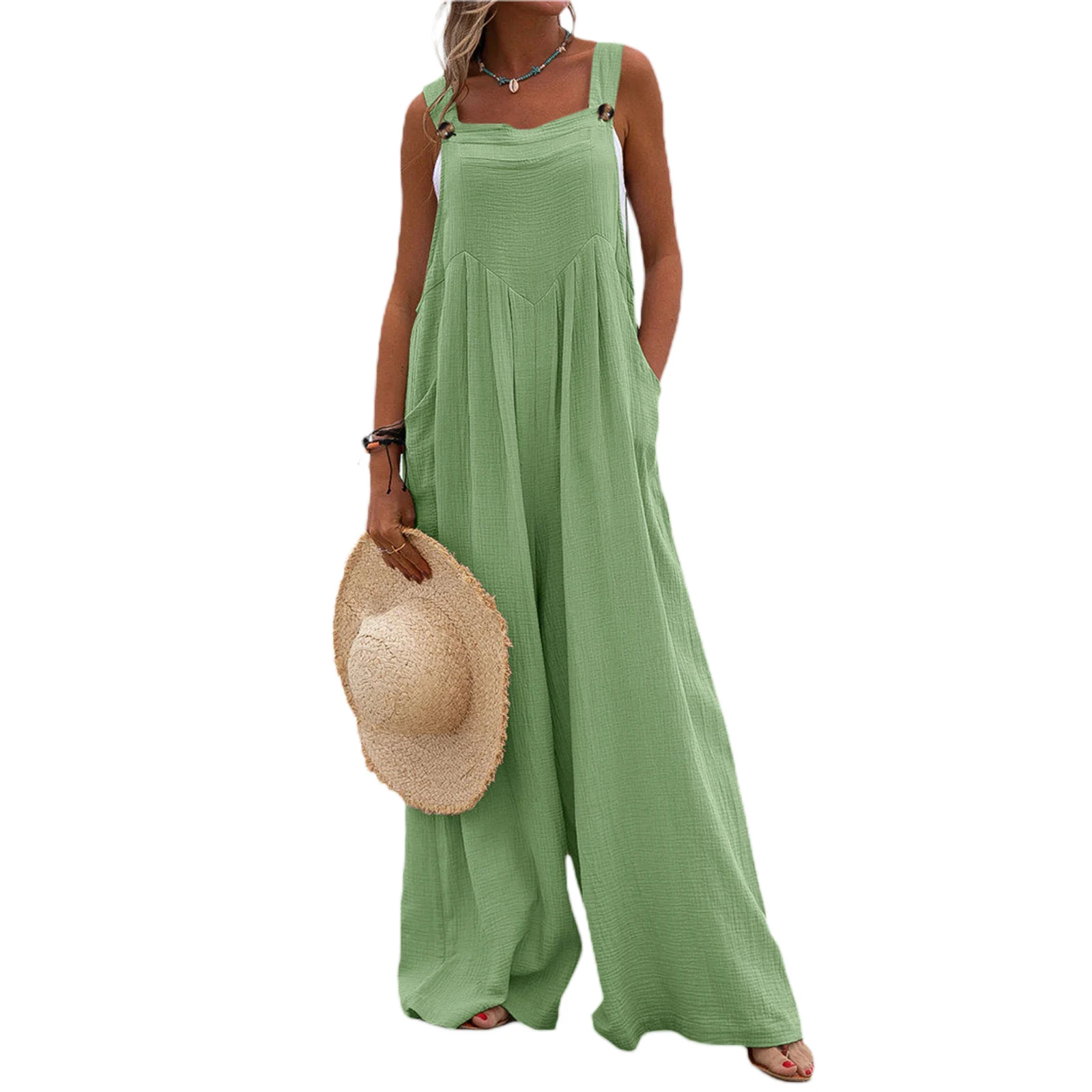 Women’s Summer Casual Loose Jumpsuit Fashion Solid Color High Street Button Overalls Wide Leg Suspender Pants With Pocket