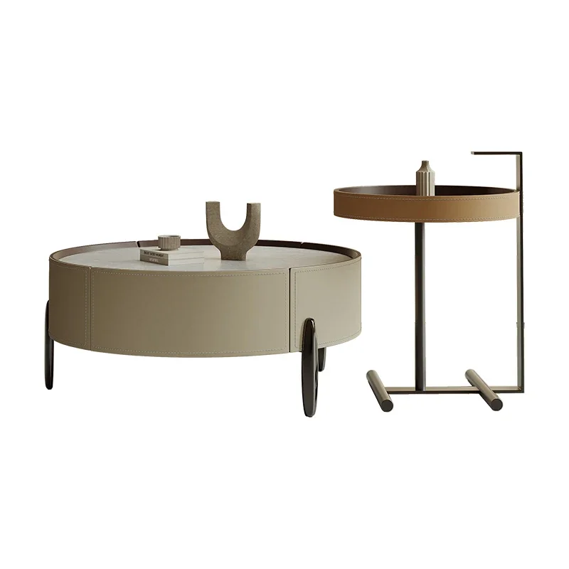 

living room household small apartment designer leather round coffee table