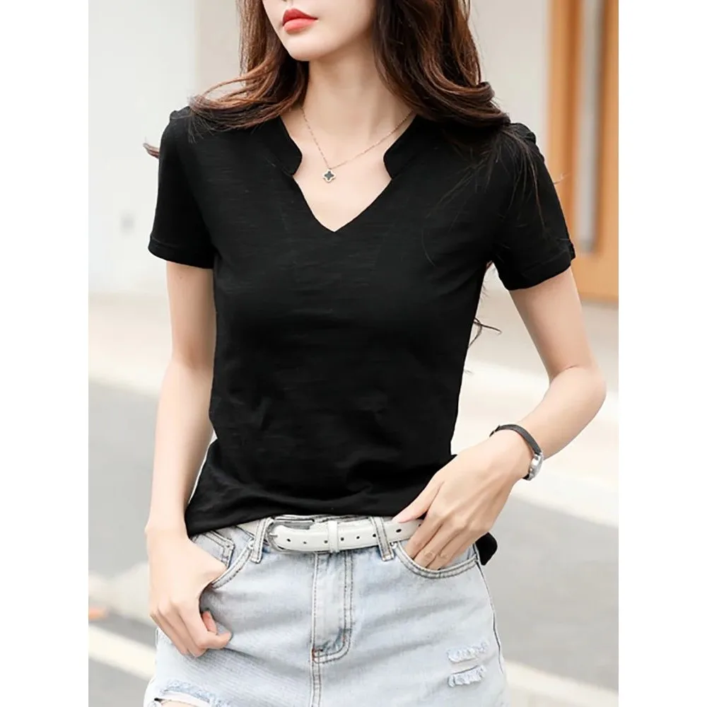 

Летняя мягкая женская футболка с v-образным вырезом из смеси бамбука и хлопка, удобная дышащая повседневная женская футболка Faion, весна 2025 г.