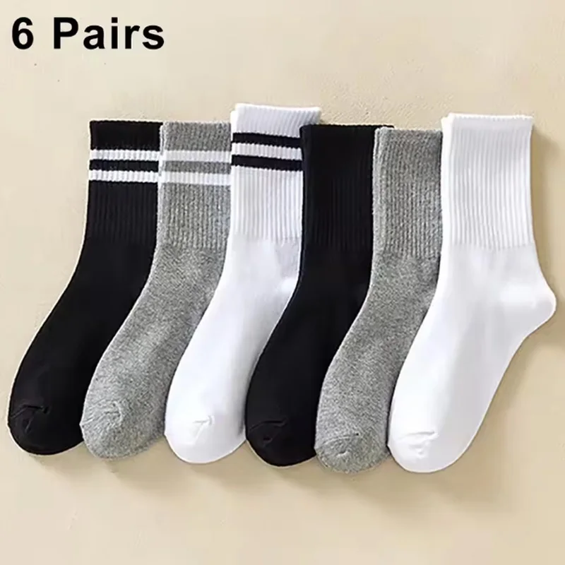 

6 Pairs Women's Mid Socks Solid Color Breathable Comfortable In Autumn Winter Sweat Absorbing High-Quality Casual Socks Sports