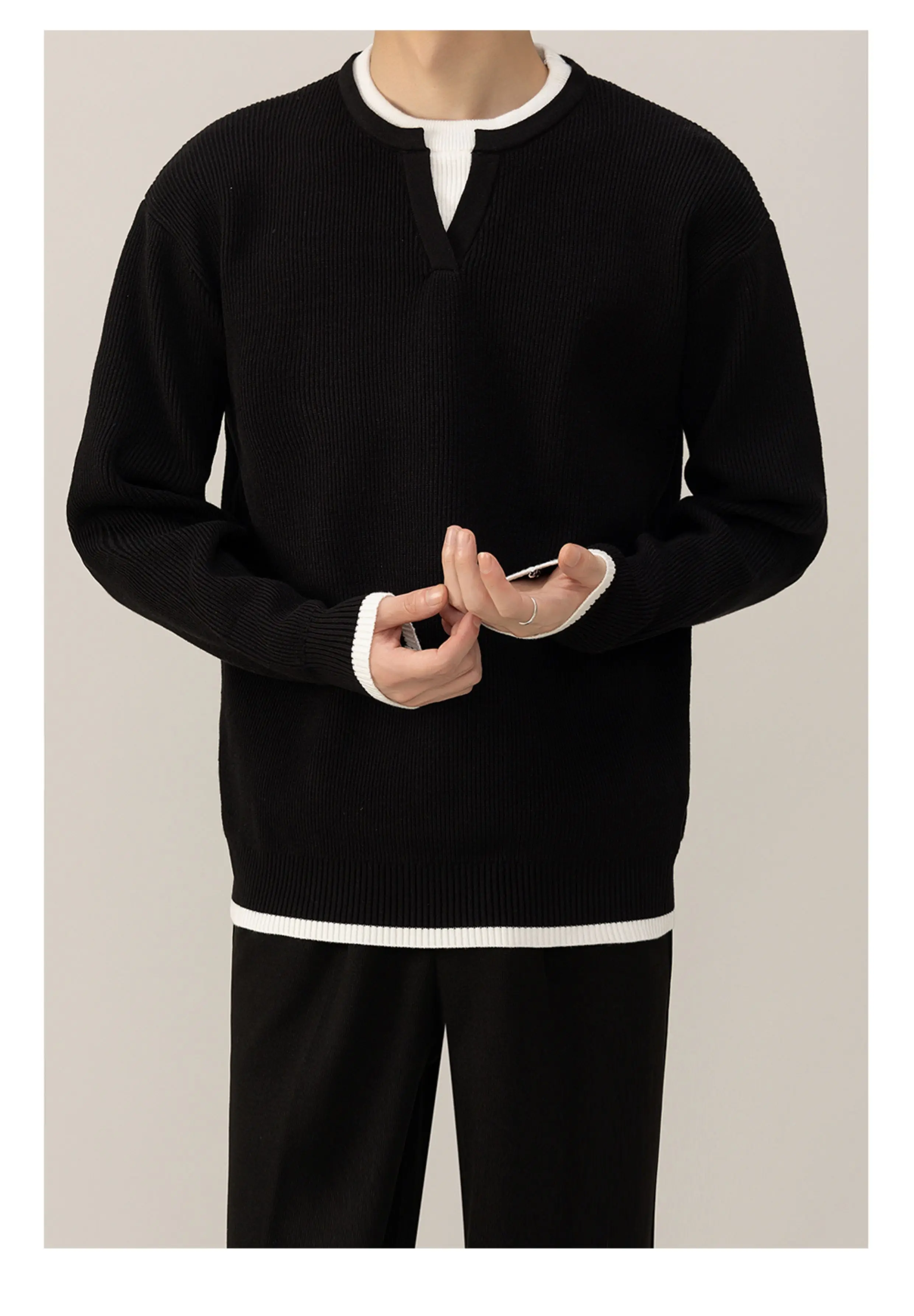 Autumn Winter Commuting Style Men's Casual Versatile Black White Knitwear High-end Warm V-neck Gray Red Fake Two-piece Sweater