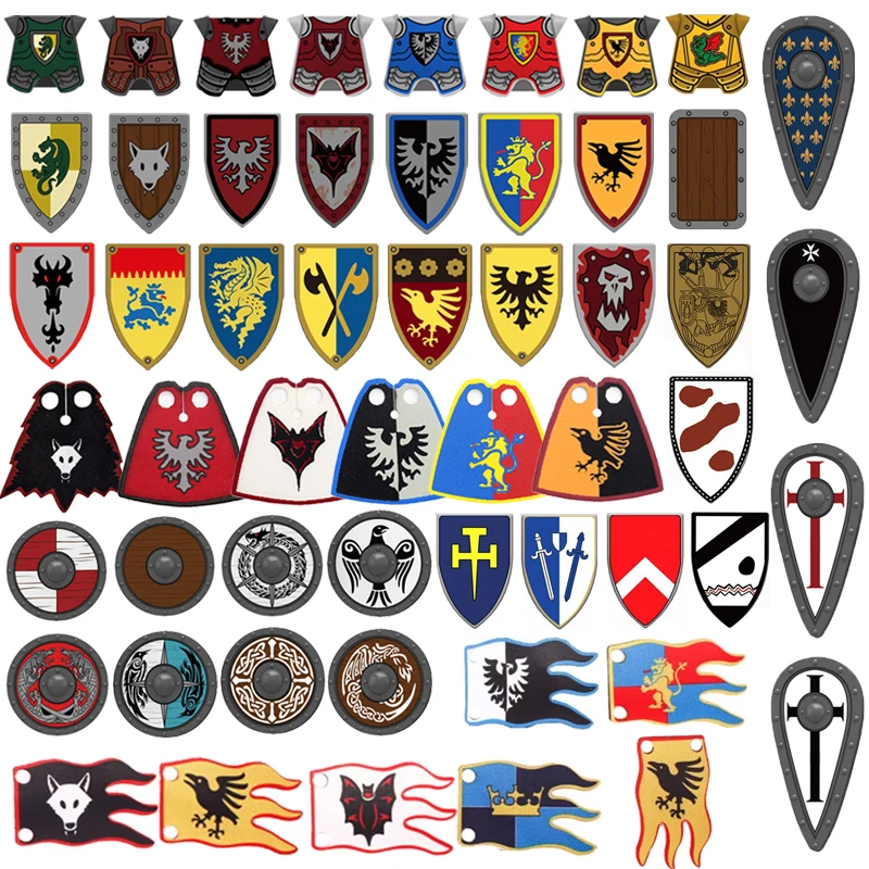 

MOC Medieval Building Blocks Castle Knight Figures Flag Armor Cloak Ancient Holy Rome Soldier Accessories Bricks Toys Kids Gift