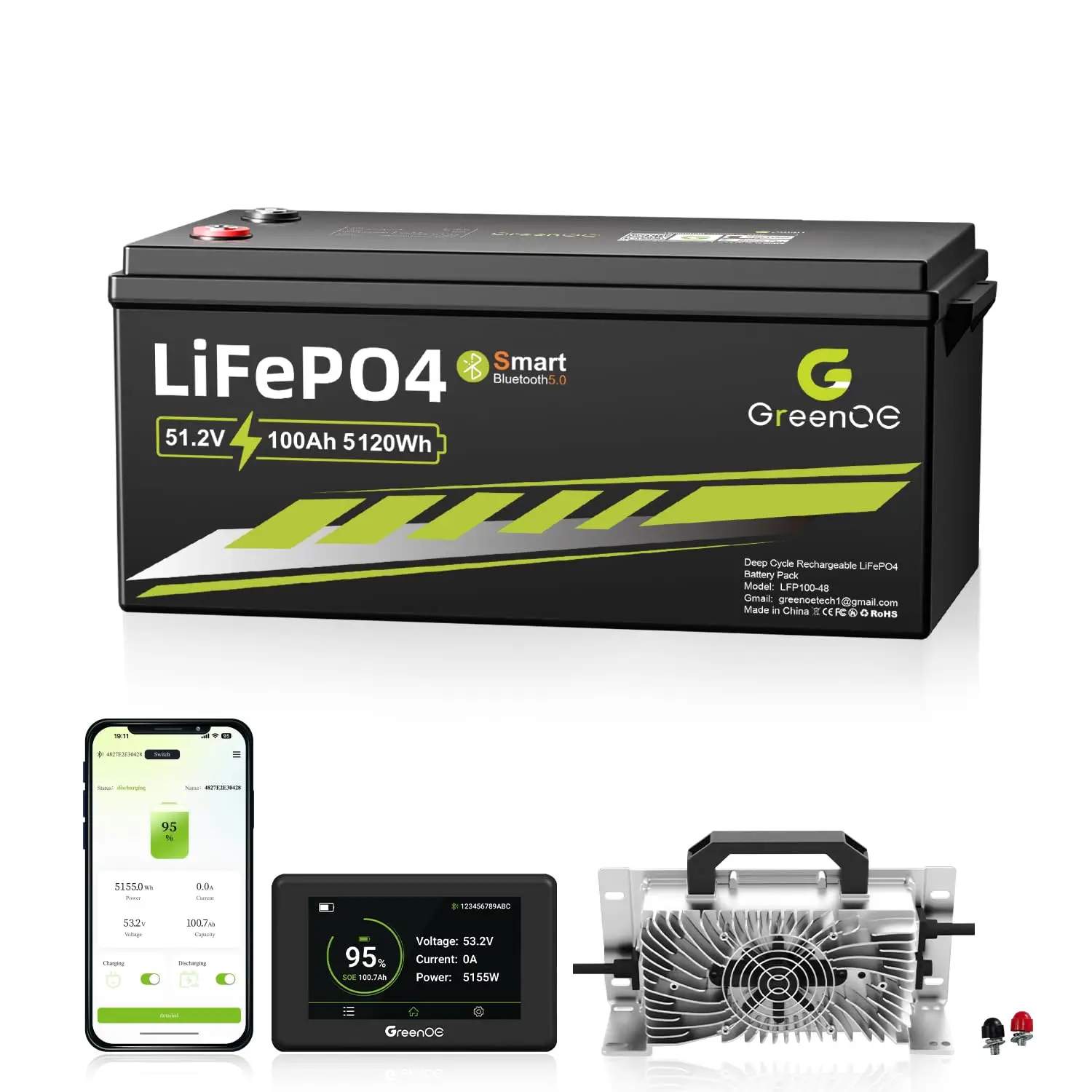 

48V 100Ah Bluetooth Lithium Battery,Golf Cart Use,with Built in 200A BMS,5.12kWh 48V Lithium Battery with 10.24kW