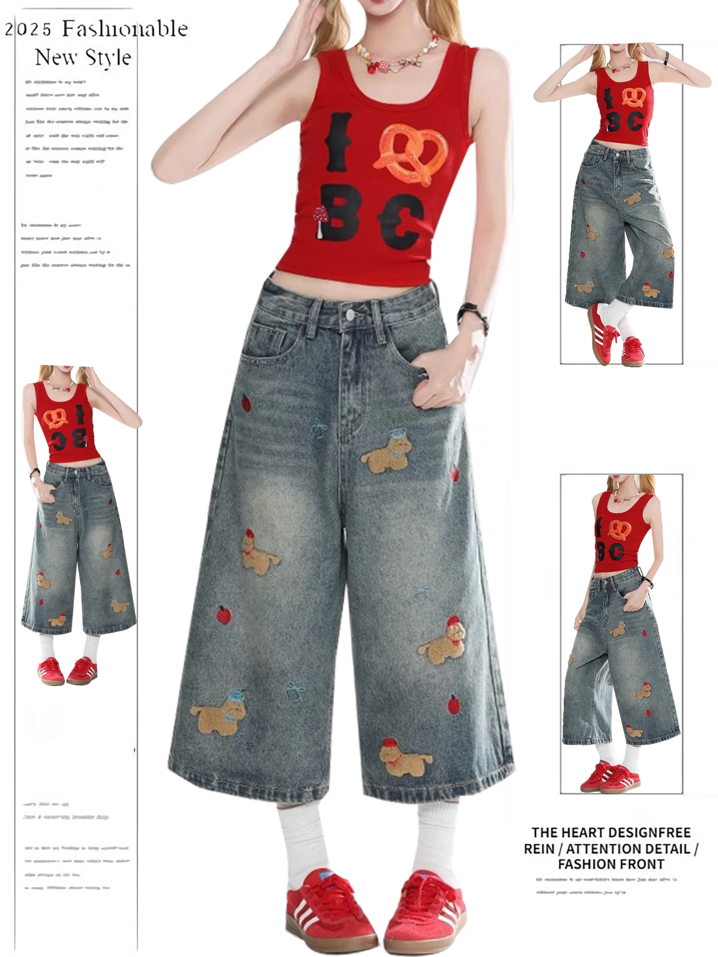 

Ретро американское веселое полотенце для собак с вышивкой, джинсовые орты, женские летние новые свободные прямые джинсы для девочек