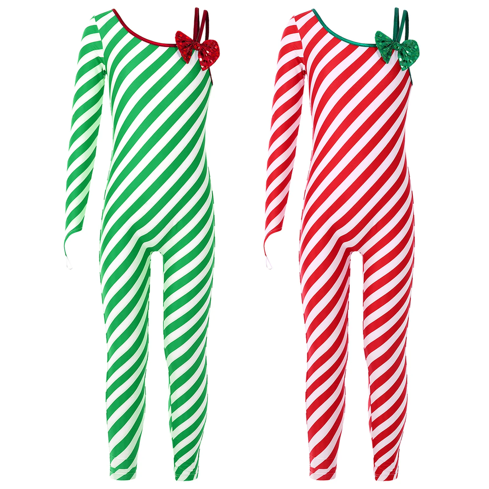 Kids Girls Candy Cane Striped Gymnastics Jumpsuit Full Bodysuit Dancewear Christmas Dance Costumes Ballet Dance Unitard