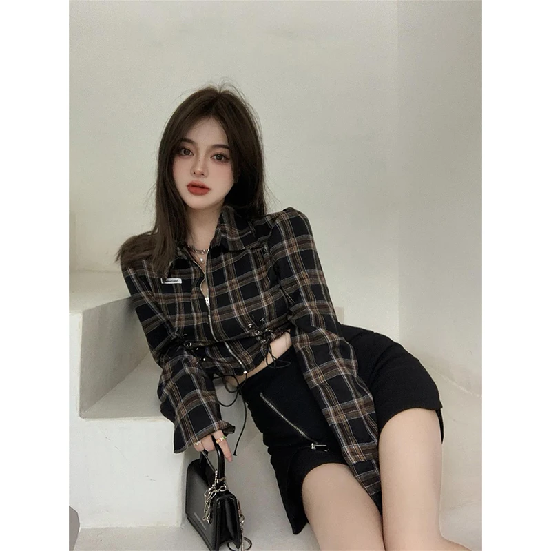 Y2K Streetwear Plaid Shirts Women Harajuku Bandage Tunic Crop Tops Vintage Korean Long Sleeve Zipper Slim Casual Chic Blouses