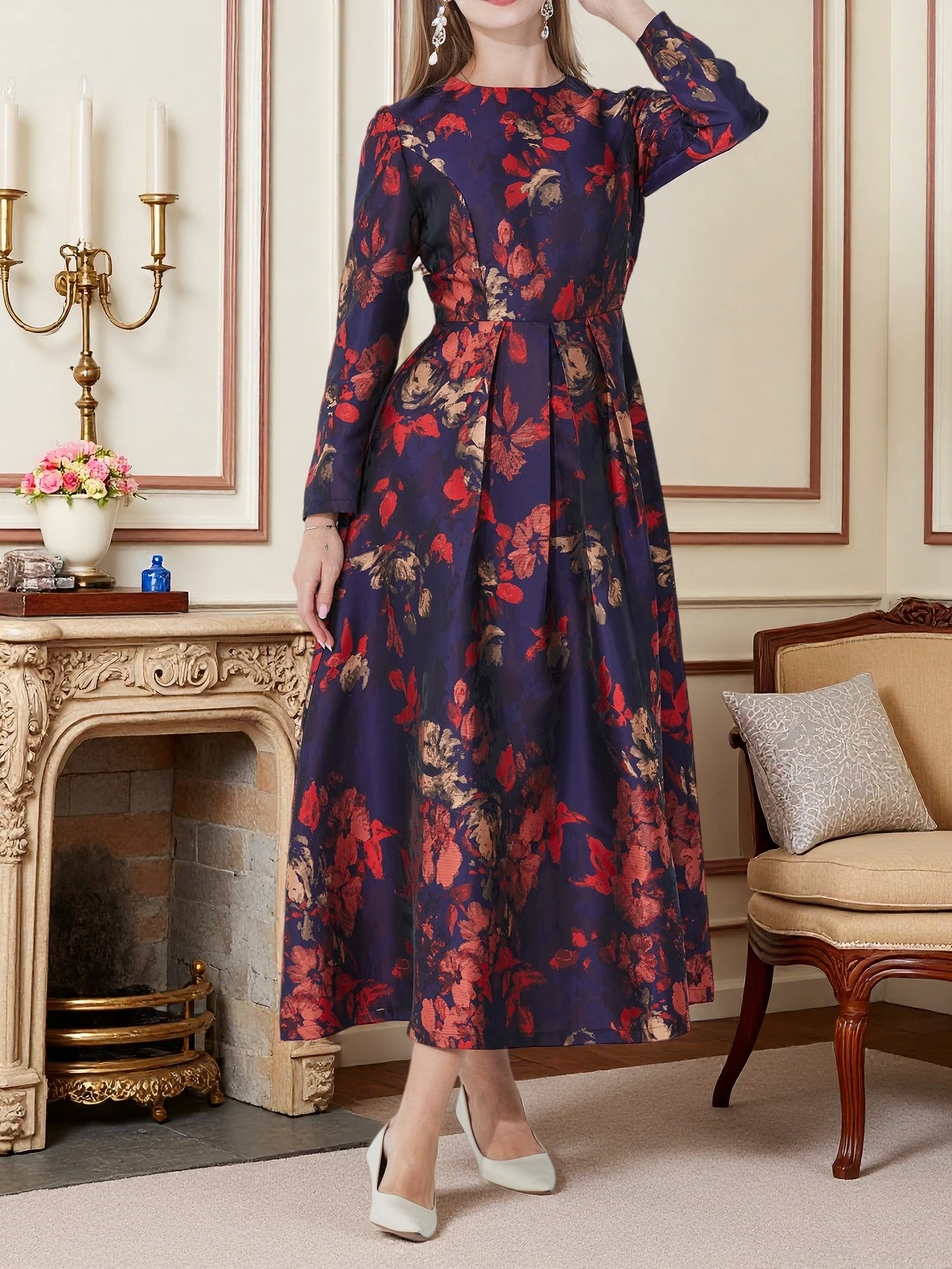 

Women's Plus Size Vintage Boho A-Line Maxi Dress Luxury Floral Jacquard Embroidery Round Neck Elegant Party Gown for Fall Winter