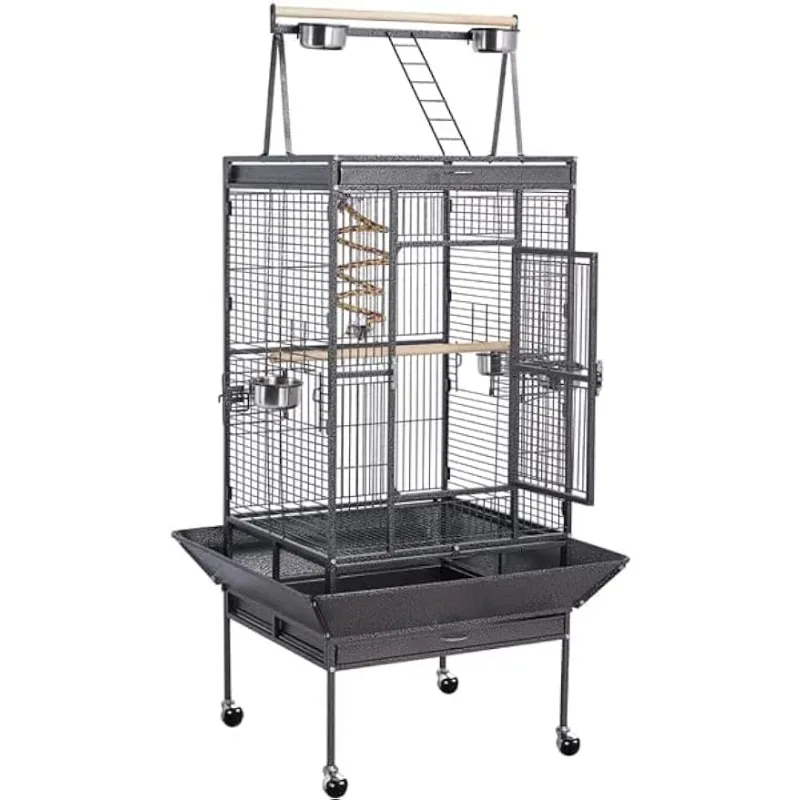 

69-inch Wrought Iron Rolling Large Parrot Bird Cage for African Grey Small Quaker Cockatiel Sun Parakeet Green Cheek