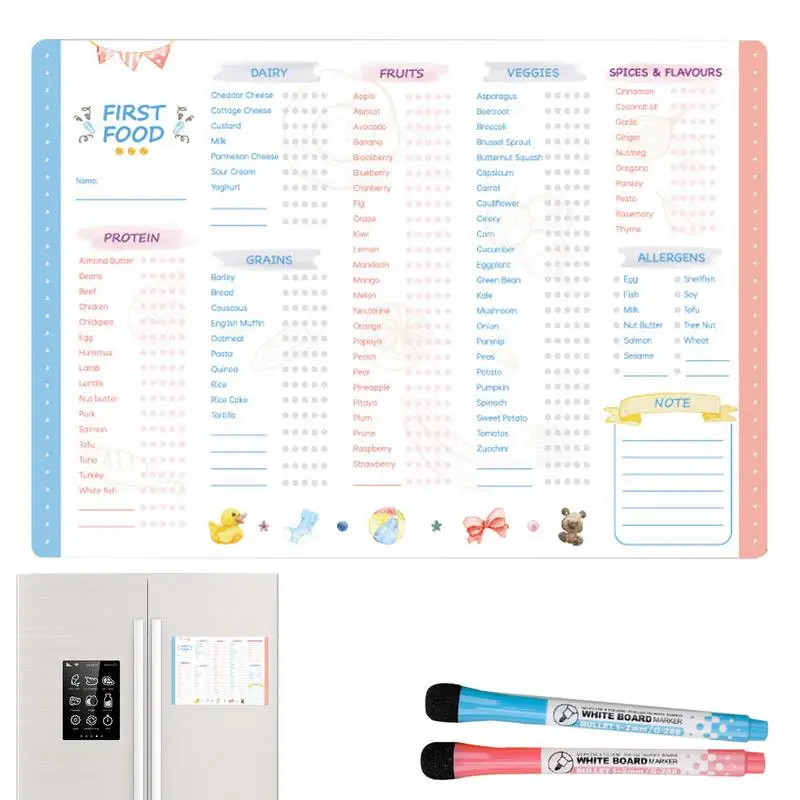 Reusable Kids Magnetic Daily Food Chart with 2 Magnetic Whiteboard Pen Multifunctional Baby First Food Tracker Meal Planner