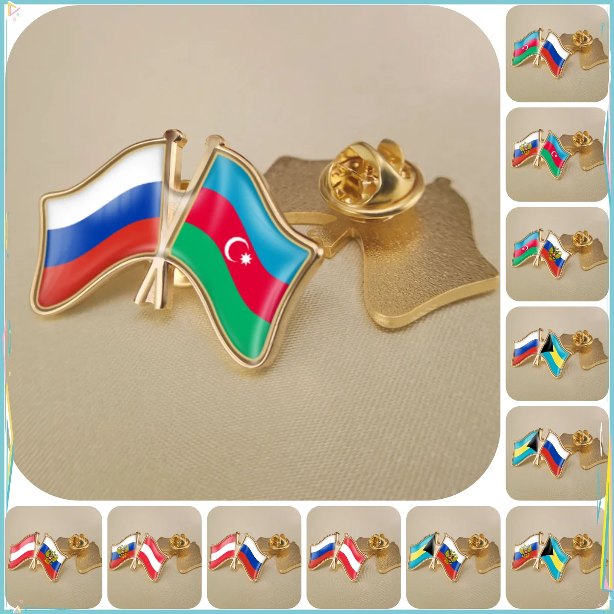 Russian Federation and Austria Azerbaijan Bahamas Double Crossed Friendship Flags Brooches Lapel Pins Badges