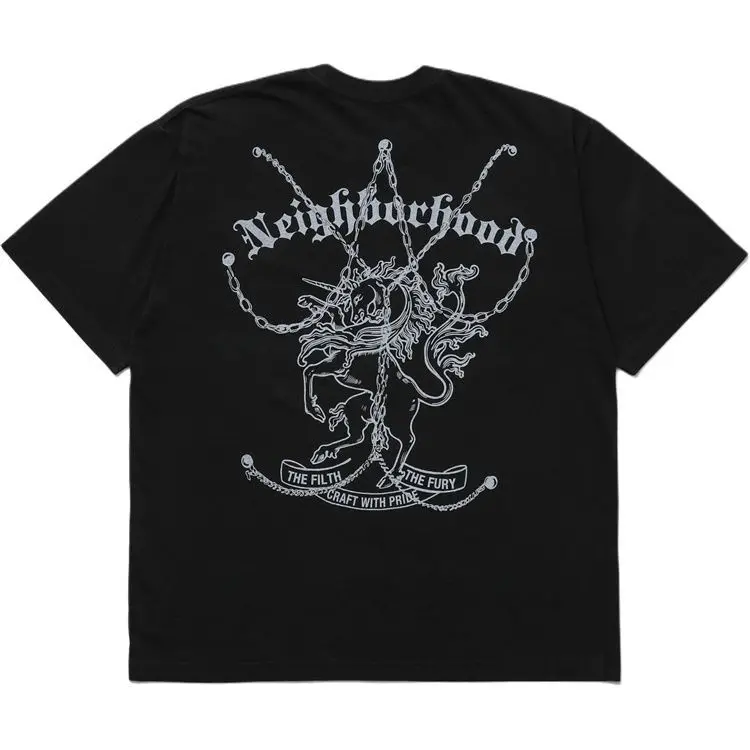 NEIGHBORHOOD NBHD SS26 Art‑Style Chain‑Pony Logo‑Print Crew Neck Short‑Sleeve T‑Shirt Pure Cotton Loose Unisex Casual Tops