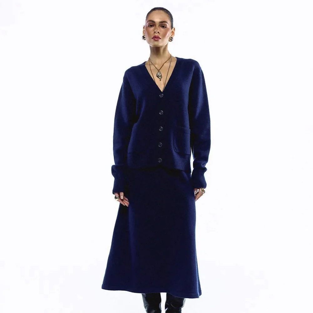 Women Spring Summer V Neck Crop Cardigan High Waist A Line Maxi Skirt 2 Piece Set