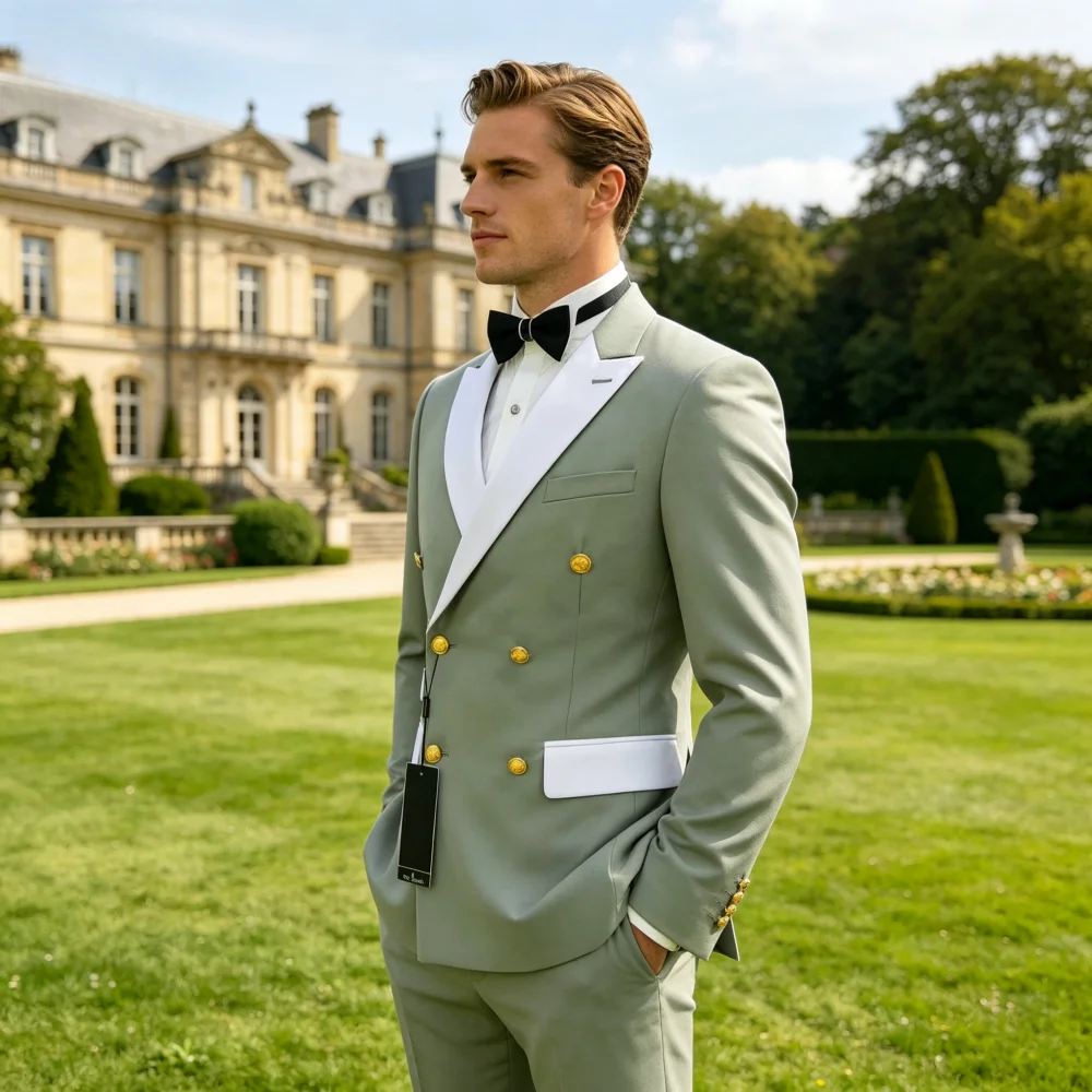 

Мужской однотонный деловой костюм-двойка: пиджак с острыми лацканами и двубортной застежкой, брюки, для свадьбы и торжественных мероприятий