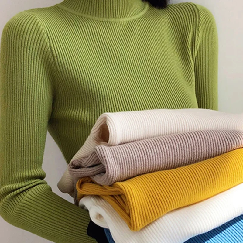 Sweater rajut wanita, baju hangat sederhana untuk musim gugur dan musim dingin dengan dasar Solid rajut kasual Slim-fit Pullover