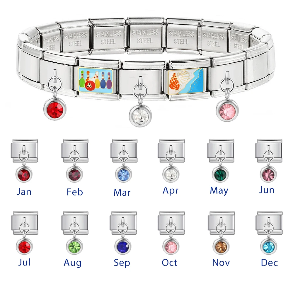 Design Y2k Women Silver Color Birthday Stone Pendant Italian Charm Link Fit 9mm Stainless Steel Bracelet Jewelry Making DIY Gift