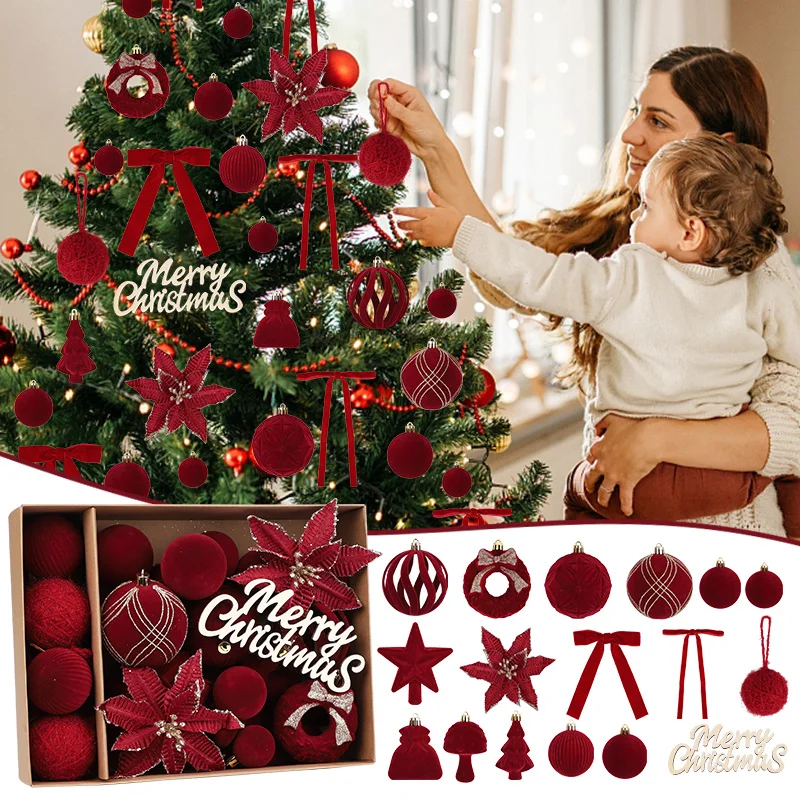 38 teile/satz Samt Weihnachten Ball Ornamente mit Band Bogen Blumen Weihnachten Baum Stern Topper Weihnachten Home Dekoration Neue Jahr Geschenke
