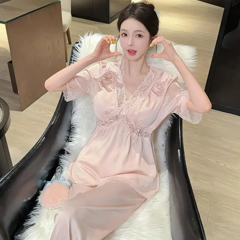 Summer New Women's Short Sleeved Trousers Home Clothes Set Kawaii Women's Lace Pajamas Home Pajamas Teenagers Sexy Two Piece Set