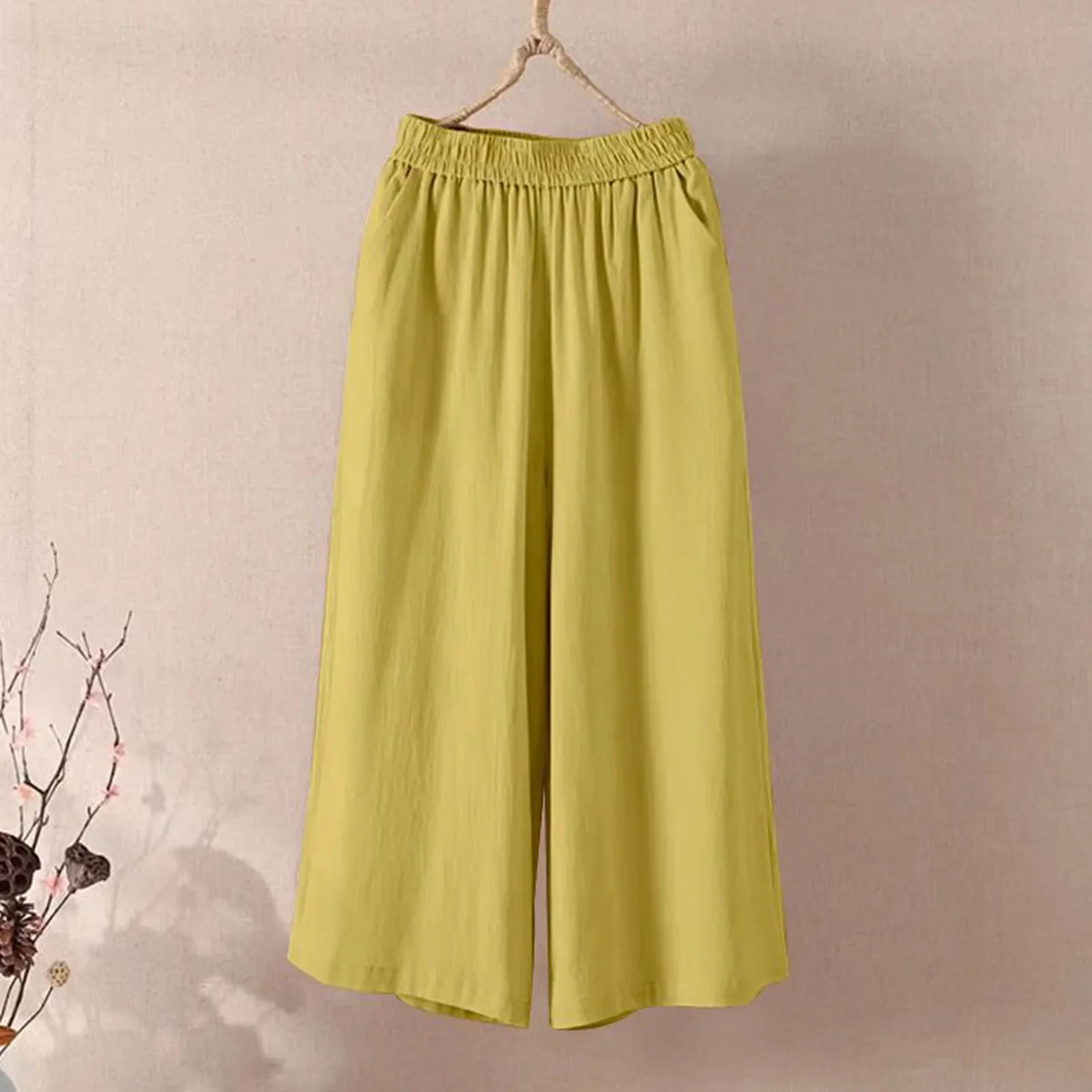 Feamle Casual and Versatile Lazy Style Wide Leg Pants With Pockets Lightweight High Waisted Loose Cropped Capris