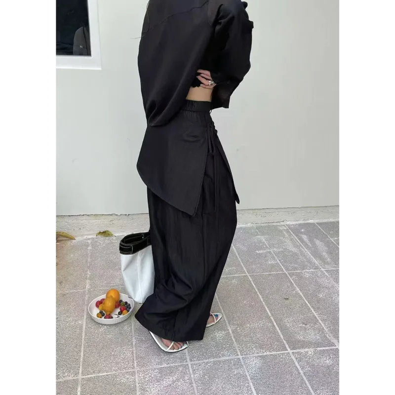 EAEOVNI, conjunto de 2 piezas a la moda para mujer, camisa de manga larga con botones + pantalones de pierna ancha con diseño de retales, ropa versátil 2025 1A1031