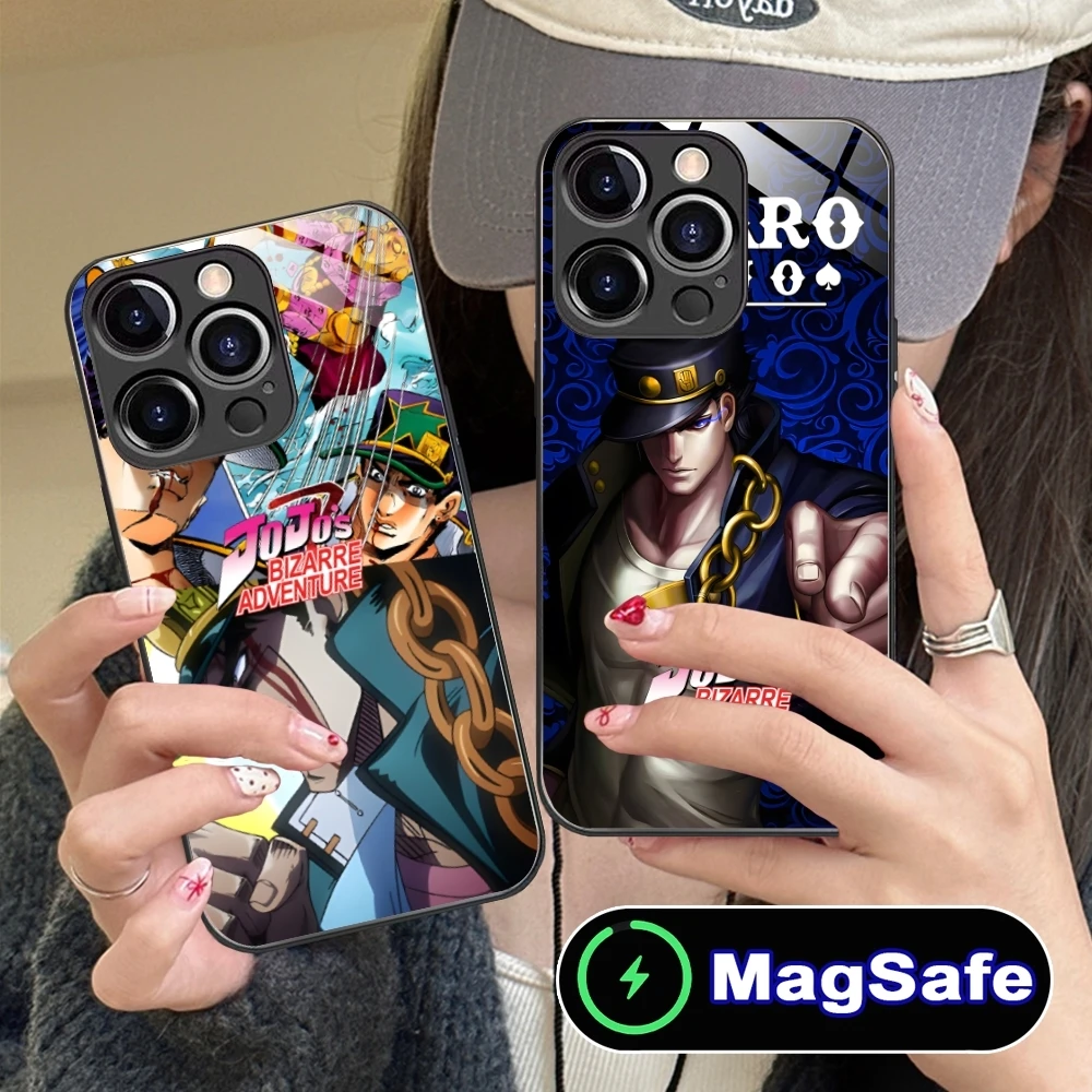 JOJO Jotaro Kujo Cool Mobile Cell Phone Case for iPhone 16 15 14 13 12 11 Pro Max Plus Mini MagSafe Wireless Charging Glass Cove