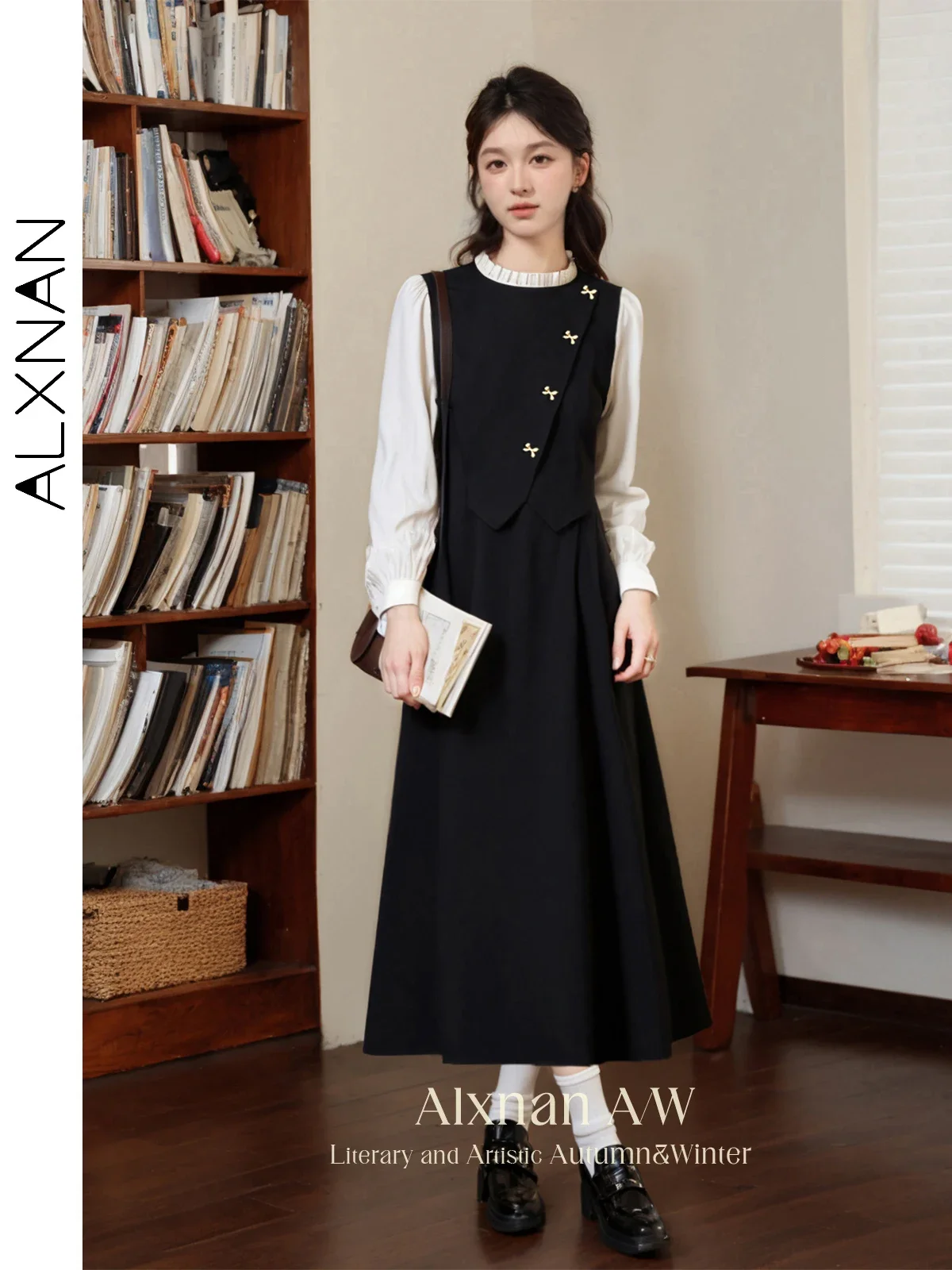 

ALXNAN Black Fake Two Piece Dress Elegant Agaric O-neck Bow Buttons Long Sleeve Women's Dresses Fall Winter Midi Dress A00602