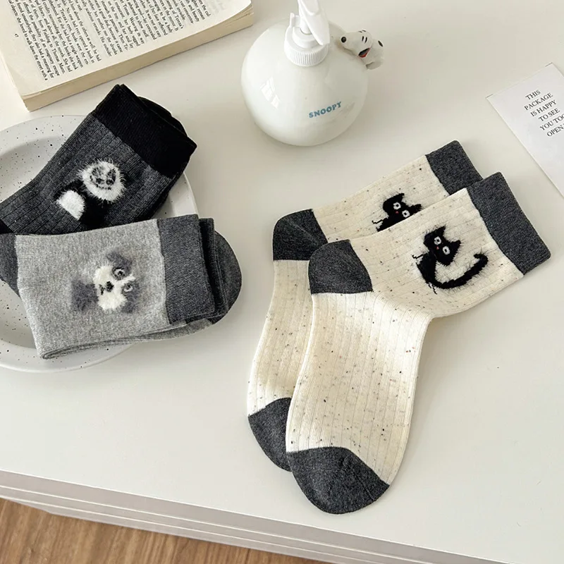 

1/3 Double Spring Autumn Cute Cartoon Dog Sweating Socks Simple Comfortable Color blocked Versatile Casual Socks